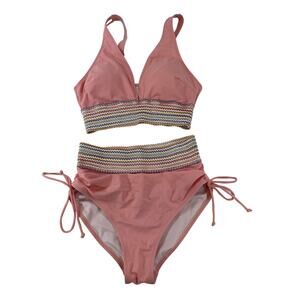 Boutique Pink Rainbow Chevron Trim High Waist Bikini Set Small Women Boho